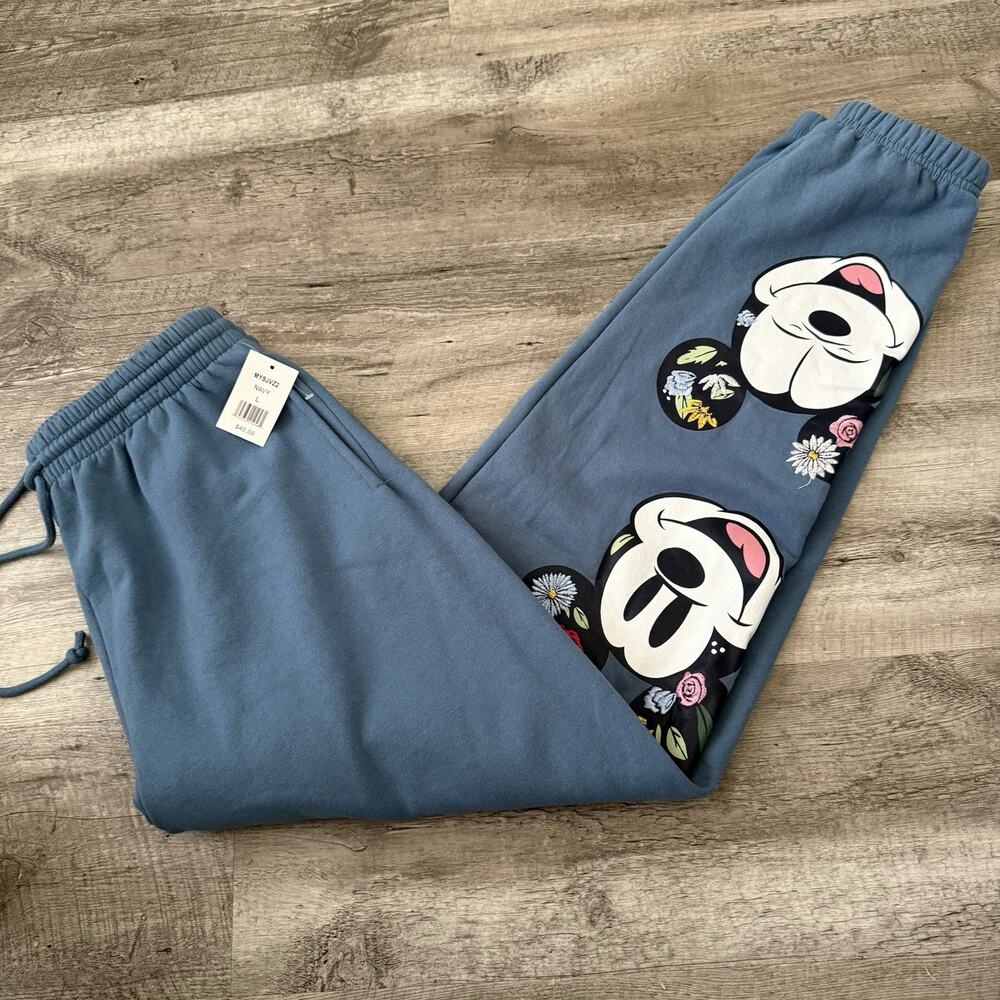 Disney Sweatpants Womens Large Blue Mickey Mouse Fleece Jogger Embroidered NEW - Picture 5 of 6